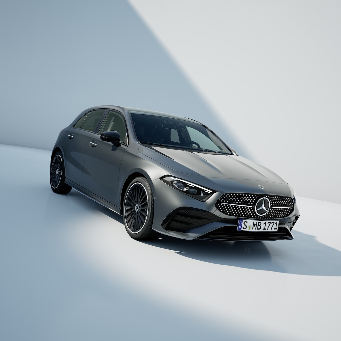 Frontal side view of a Mercedes-Benz A-Class.
