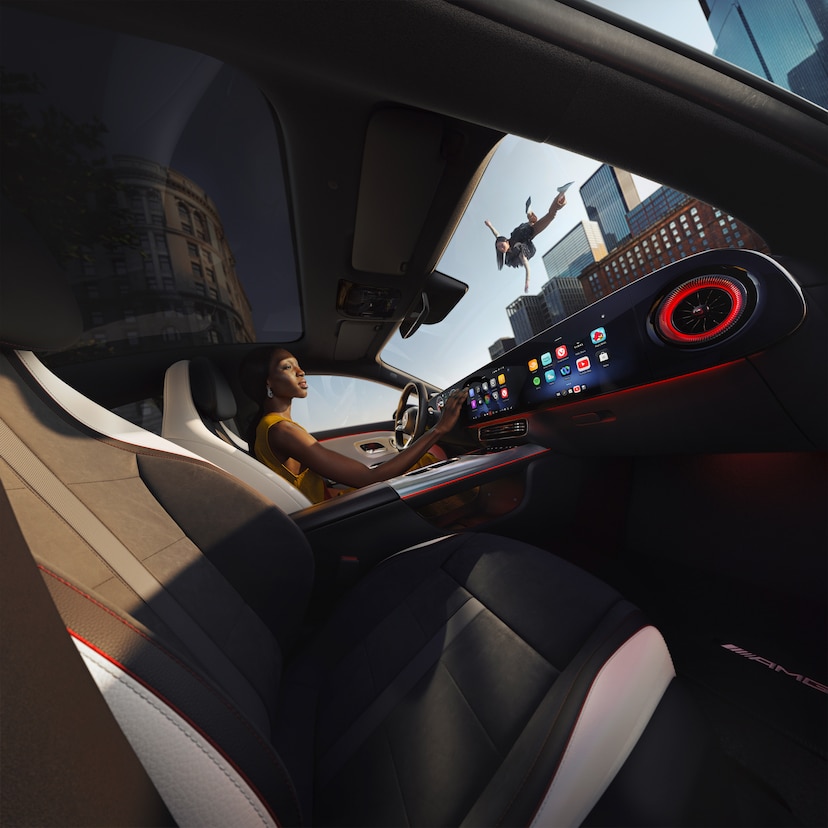 Interior view of an Mercedes-Benz car cockpit with MBUX Multimedia System. 