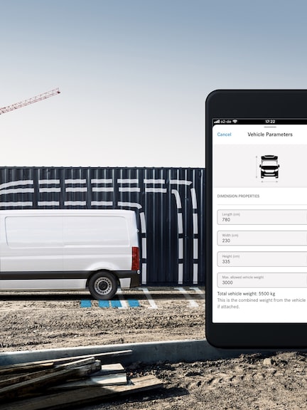 Die Navigation für den Mercedes-Benz Sprinter berücksichtigt die Fahrzeug- oder Gespannmaße.